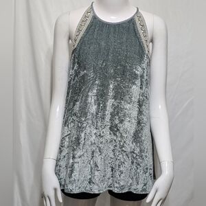 Anthropologie x Bl^nk London Eyre Grey Velvet Beaded Halter Swing Top Size M